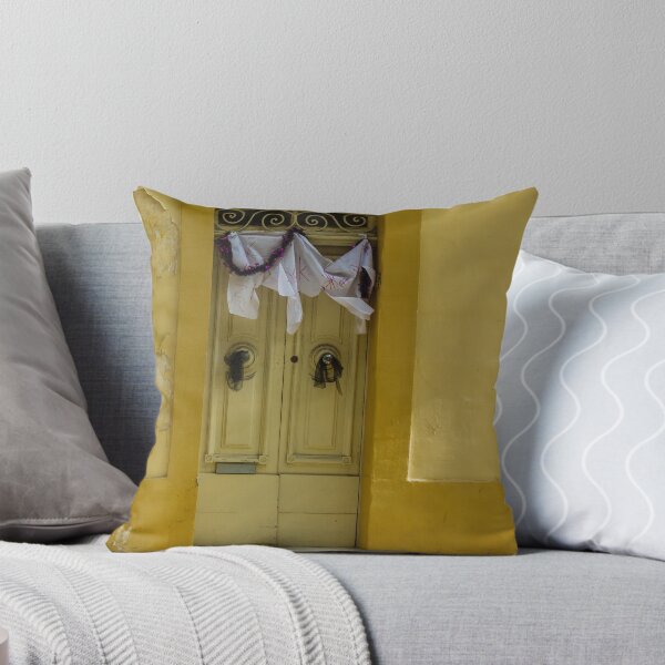 Item preview, Bright Yellow Facade With Old Double Door, Torn Paper, and Festive Garland designed and sold by Nmallia.
