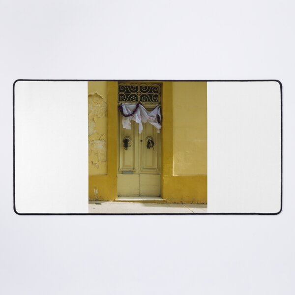 Item preview, Bright Yellow Facade With Old Double Door, Torn Paper, and Festive Garland designed and sold by Nmallia.