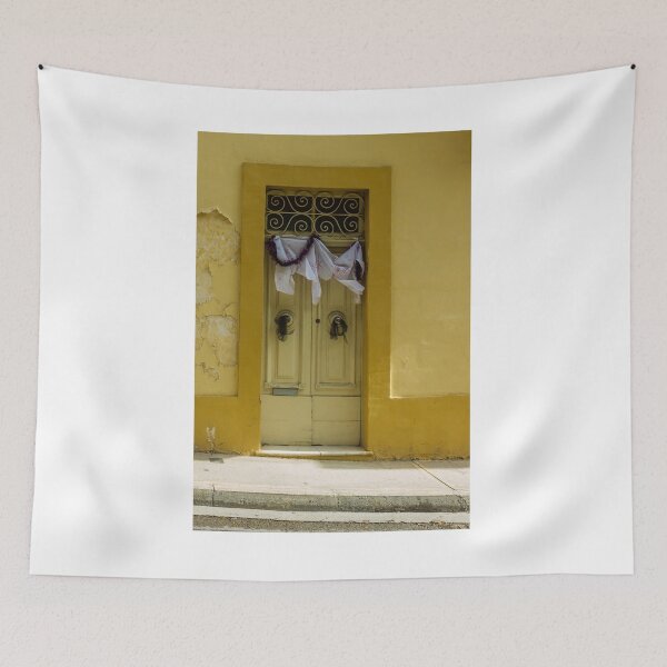 Item preview, Bright Yellow Facade With Old Double Door, Torn Paper, and Festive Garland designed and sold by Nmallia.