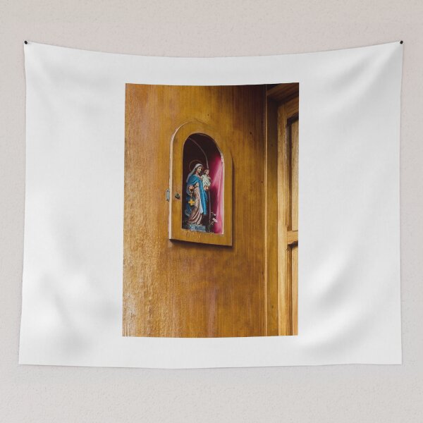 Item preview, Religious Statue of Mary and Baby Jesus in a Wooden Shrine Cabinet for Devotional Display designed and sold by Nmallia.