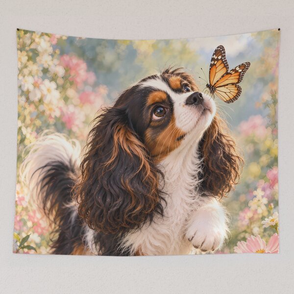 Item preview, Cavalier King Charles Spaniel with Butterfly in Flower Garden designed and sold by ManJiangHong.