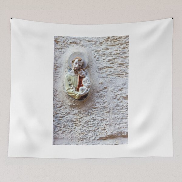 Item preview, Religious Wall Sculpture Of Father And Child Saint Statue Mounted On White Stone Wall Decor designed and sold by Nmallia.