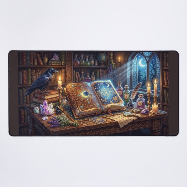 Item preview, Moonlit Alchemist Desk | Celestial Grimoire, Raven, and Crystals designed and sold by SebastianSpace.