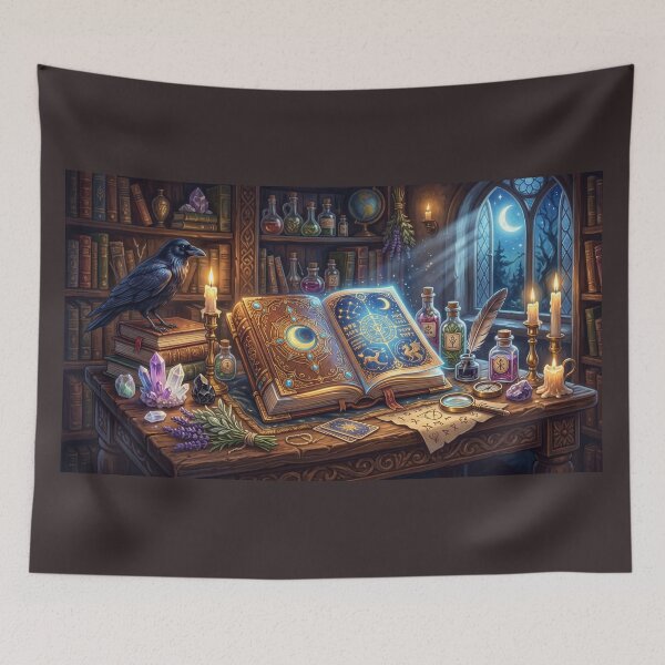 Item preview, Moonlit Alchemist Desk | Celestial Grimoire, Raven, and Crystals designed and sold by SebastianSpace.
