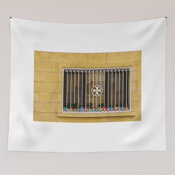 Item preview, Yellow Building Window With Decorative White Iron Grille, Star Emblem, And Colorful Flower Pots designed and sold by Nmallia.