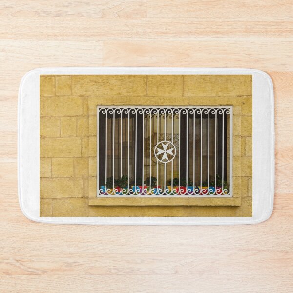 Item preview, Yellow Building Window With Decorative White Iron Grille, Star Emblem, And Colorful Flower Pots designed and sold by Nmallia.