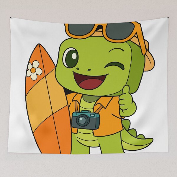 Item preview, Dinosaur cartoon holding surfboard designed and sold by merona-design.