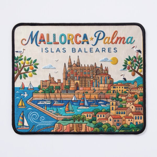 Item preview, Mallorca Palma Spain Embroidered Travel Art - Palma Cathedral & Coast Stitched Poster designed and sold by Witsprings.