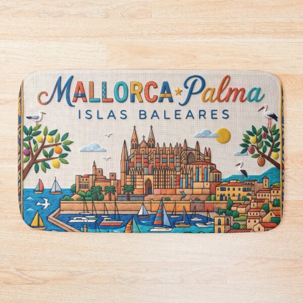 Item preview, Mallorca Palma Spain Embroidered Travel Art - Palma Cathedral & Coast Stitched Poster designed and sold by Witsprings.