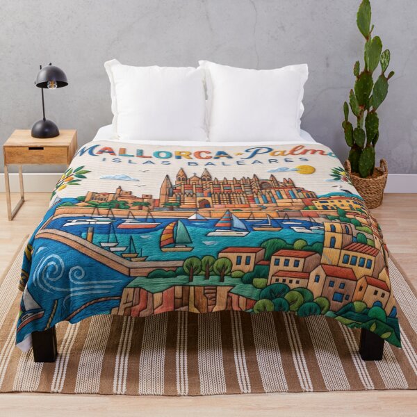 Item preview, Mallorca Palma Spain Embroidered Travel Art - Palma Cathedral & Coast Stitched Poster designed and sold by Witsprings.