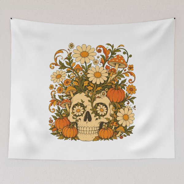 Item preview, Cottagecore Floral Pumpkin Skull Autumn Daisy Mushroom designed and sold by chattsuede.