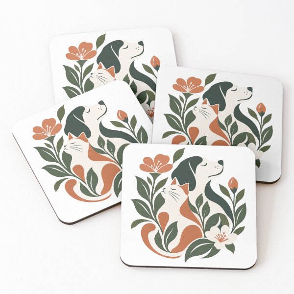 Item preview, Cat and Dog in Bloom – Peaceful Botanical Pet Illustration designed and sold by zzz888.