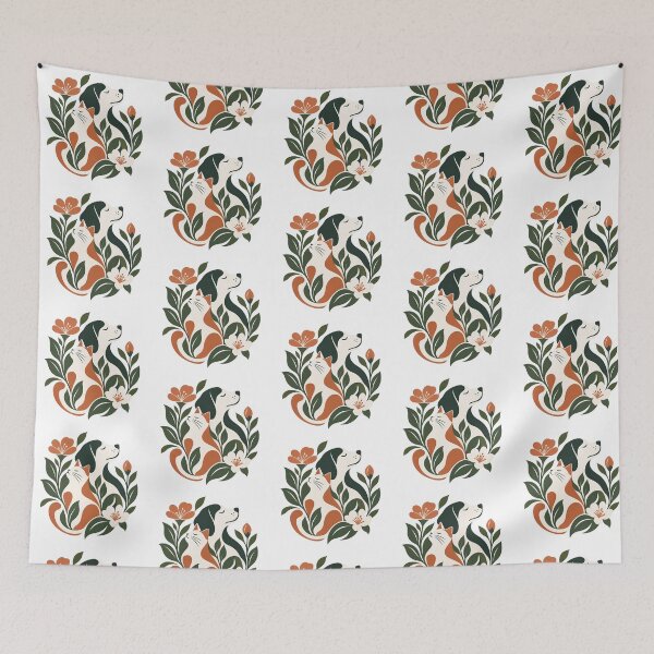 Item preview, Cat and Dog in Bloom – Peaceful Botanical Pet Illustration designed and sold by zzz888.