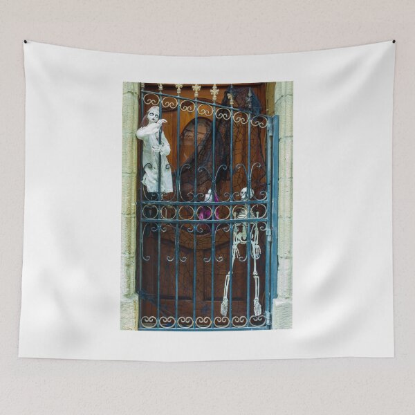 Item preview, Haunted Gate Display With Skeletons, Ghost, And Webbed Drapes Behind Decorative Ironwork designed and sold by Nmallia.