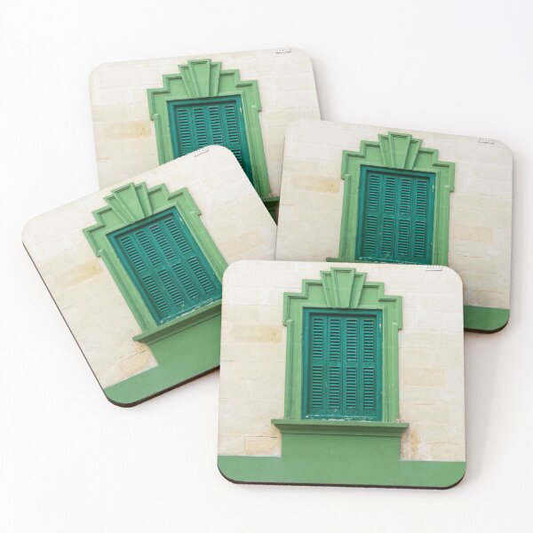 Item preview, Green Shutter Window With Art Deco Decorative Frame On Beige Stone Building Façade designed and sold by Nmallia.