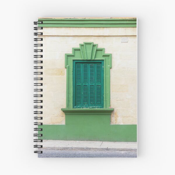 Item preview, Green Shutter Window With Art Deco Decorative Frame On Beige Stone Building Façade designed and sold by Nmallia.