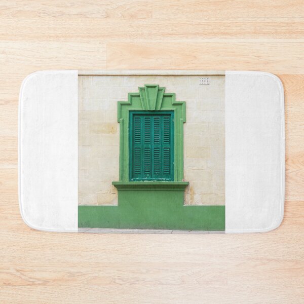 Item preview, Green Shutter Window With Art Deco Decorative Frame On Beige Stone Building Façade designed and sold by Nmallia.