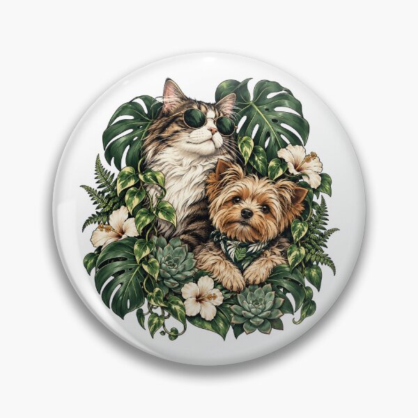 Item preview, Tropical Pet Duo – Cool Cat and Yorkie in Lush Botanical Paradise designed and sold by zzz888.