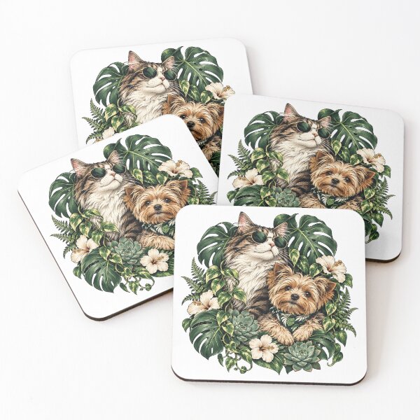 Item preview, Tropical Pet Duo – Cool Cat and Yorkie in Lush Botanical Paradise designed and sold by zzz888.