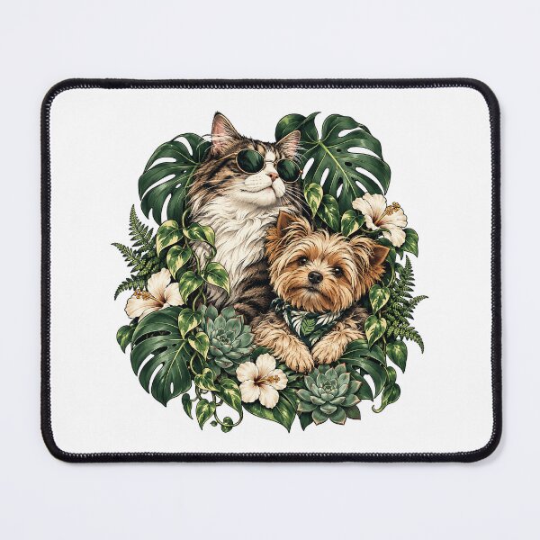 Item preview, Tropical Pet Duo – Cool Cat and Yorkie in Lush Botanical Paradise designed and sold by zzz888.