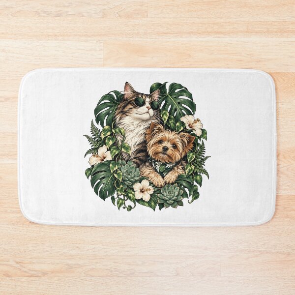 Item preview, Tropical Pet Duo – Cool Cat and Yorkie in Lush Botanical Paradise designed and sold by zzz888.