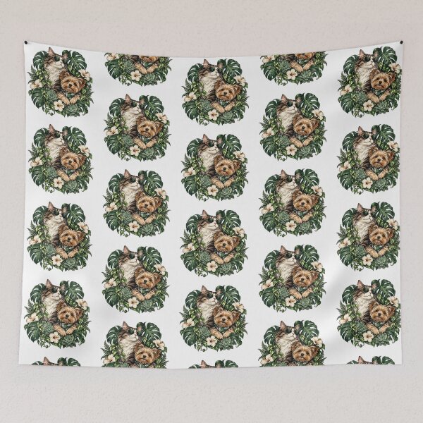 Item preview, Tropical Pet Duo – Cool Cat and Yorkie in Lush Botanical Paradise designed and sold by zzz888.