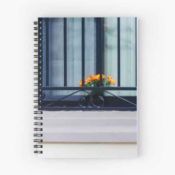 Item preview, Orange Flowers in Window Box Behind Decorative Black Iron Grilles on Pale Purple Frame designed and sold by Nmallia.