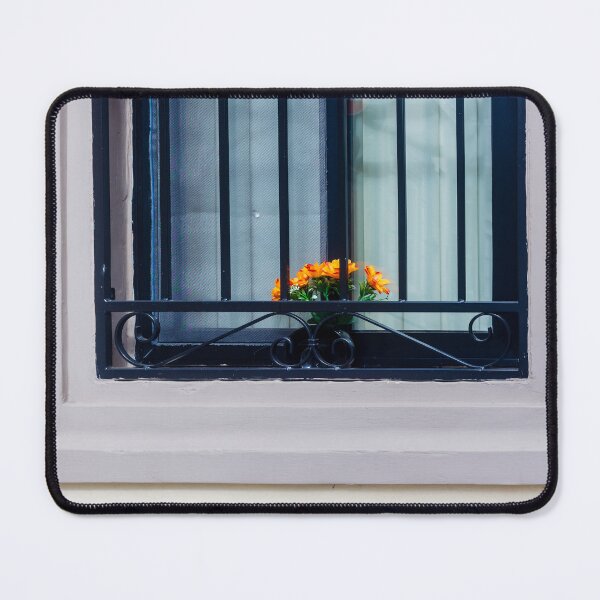 Item preview, Orange Flowers in Window Box Behind Decorative Black Iron Grilles on Pale Purple Frame designed and sold by Nmallia.