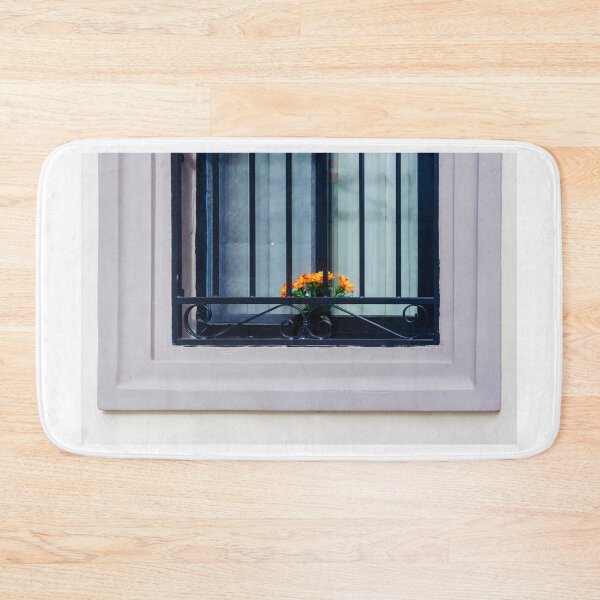 Item preview, Orange Flowers in Window Box Behind Decorative Black Iron Grilles on Pale Purple Frame designed and sold by Nmallia.