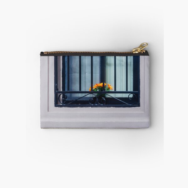 Item preview, Orange Flowers in Window Box Behind Decorative Black Iron Grilles on Pale Purple Frame designed and sold by Nmallia.