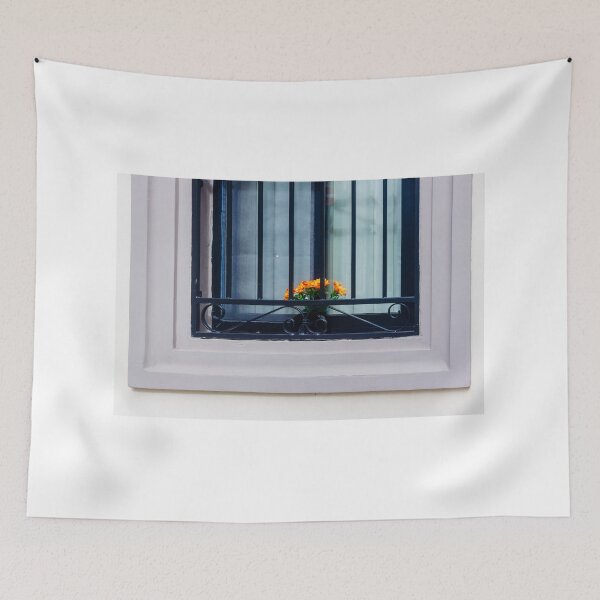 Item preview, Orange Flowers in Window Box Behind Decorative Black Iron Grilles on Pale Purple Frame designed and sold by Nmallia.