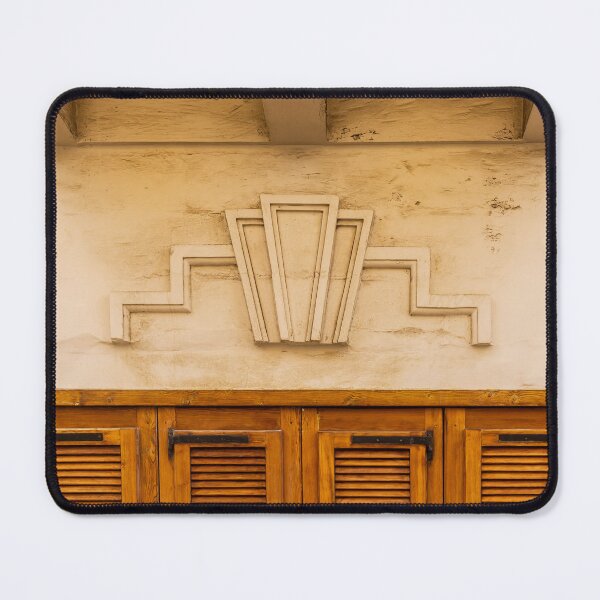 Item preview, Art Deco Stone Motif Above Warm Wooden Shuttered Door on Cream Facade, Historic Urban Architecture Detail designed and sold by Nmallia.