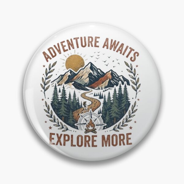 Item preview, Winding Mountain Trail Forest Expedition – Majestic Wilderness Landscape with Hiker, Compass, and Bonfire at Sunset designed and sold by CreativeNest Prints.