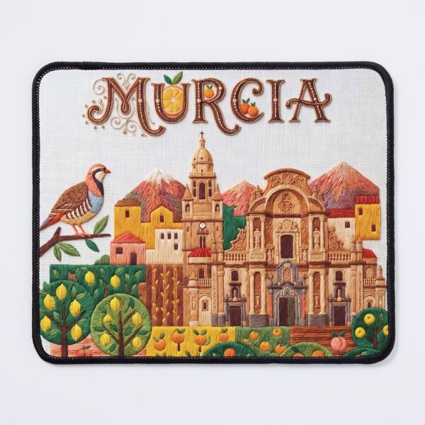 Item preview, Murcia Spain Embroidered Travel Art - Cathedral & Orchard City Stitched Poster designed and sold by Witsprings.