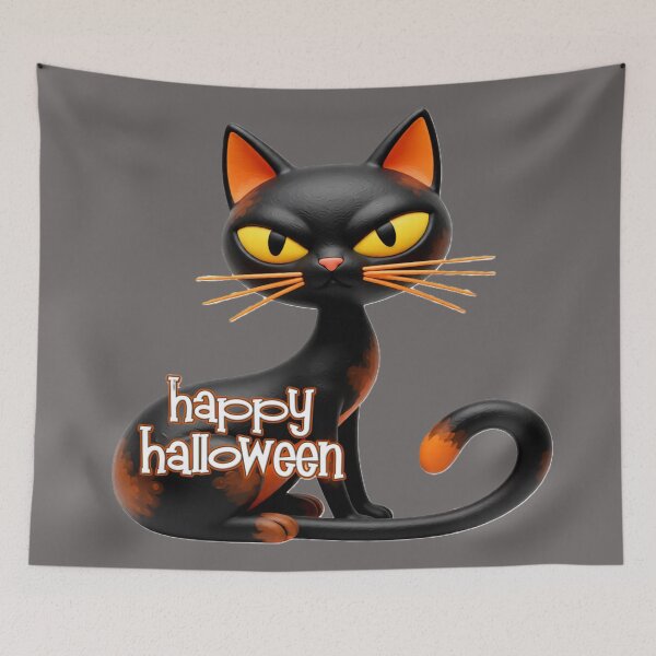 Item preview, happy halloween black cat orange eyes colorful typographic halloween design designed and sold by SmashingDeals.