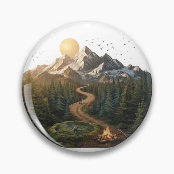 Item preview, Mountain Trail Forest Expedition – Majestic Wilderness Landscape with Hiker, Compass, and Bonfire at Sunset designed and sold by CreativeNest Prints.