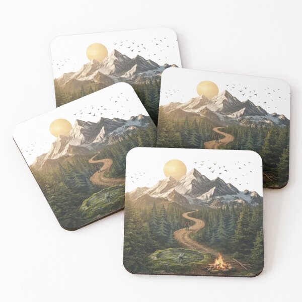 Item preview, Mountain Trail Forest Expedition – Majestic Wilderness Landscape with Hiker, Compass, and Bonfire at Sunset designed and sold by CreativeNest Prints.