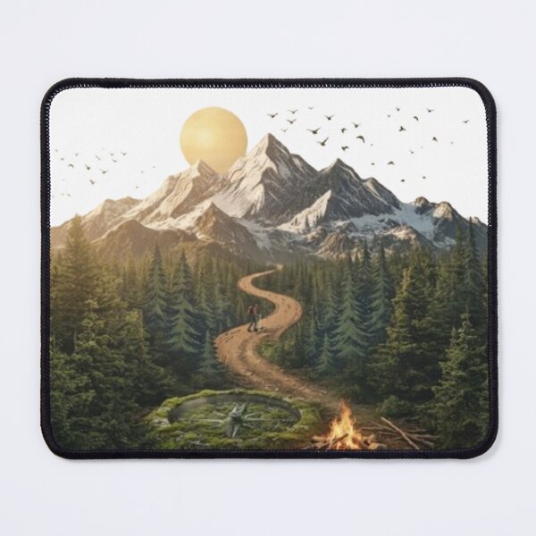 Item preview, Mountain Trail Forest Expedition – Majestic Wilderness Landscape with Hiker, Compass, and Bonfire at Sunset designed and sold by CreativeNest Prints.