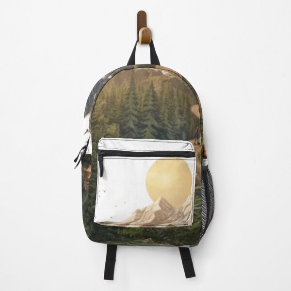 Item preview, Mountain Trail Forest Expedition – Majestic Wilderness Landscape with Hiker, Compass, and Bonfire at Sunset designed and sold by CreativeNest Prints.