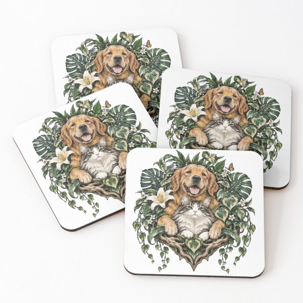 Item preview, Garden Best Friends – Golden Retriever and Cat in a Lush Botanical Nest designed and sold by zzz888.