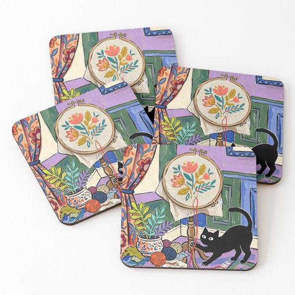 Item preview, Naughty Black Cat Pulling Embroidery Threads Matisse Style Art designed and sold by DuckOddity.