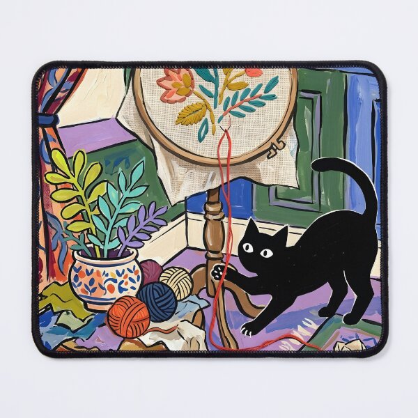 Item preview, Naughty Black Cat Pulling Embroidery Threads Matisse Style Art designed and sold by DuckOddity.