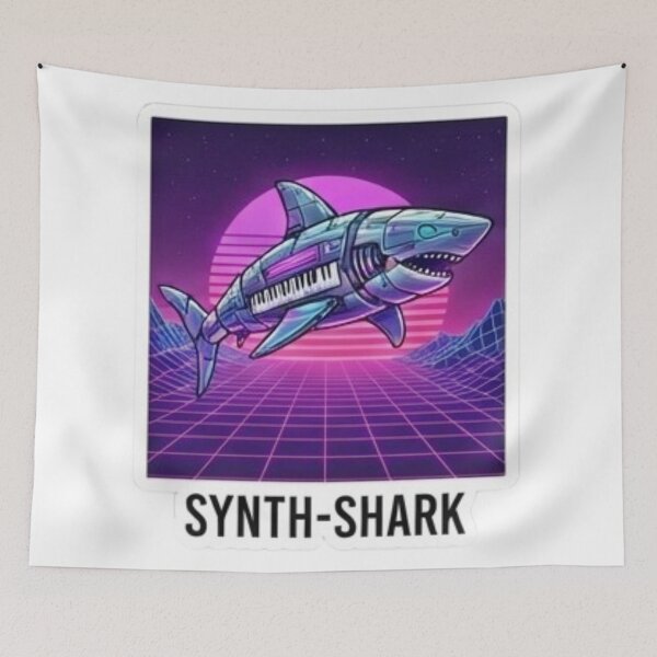 Item preview, Synth Shark - Retro 1980s Synthwave Cyberpunk Mechanical Shark Poster designed and sold by FABIOLA1970.