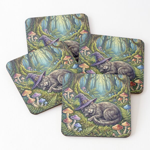 Item preview, Sleepy Witch Cat Enchanted Forest Mushrooms Cottagecore Art designed and sold by cr6zym1nd.