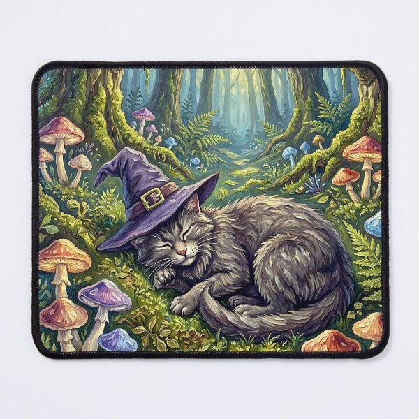 Item preview, Sleepy Witch Cat Enchanted Forest Mushrooms Cottagecore Art designed and sold by cr6zym1nd.