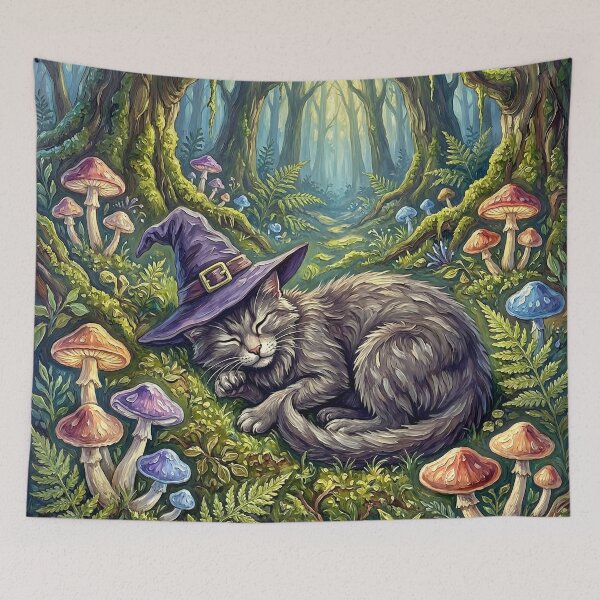 Item preview, Sleepy Witch Cat Enchanted Forest Mushrooms Cottagecore Art designed and sold by cr6zym1nd.