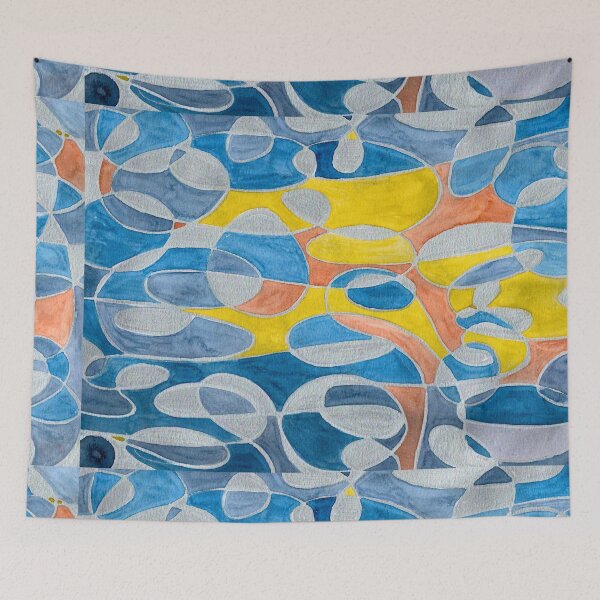 Item preview, Blue Grey and Mustard Organic Geometric Abstract contemporary art designed and sold by ArithraStudio.