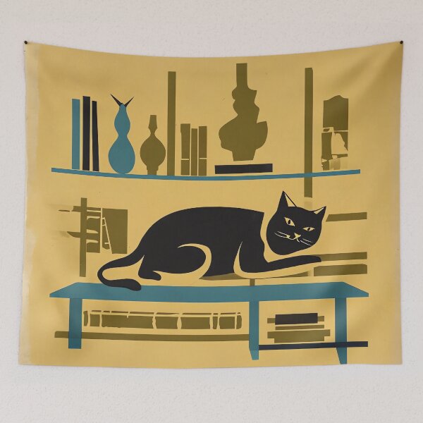 Aperçu de l'œuvre Chat et étagères style Mid-Century créée et vendue par ONYX Pixee.