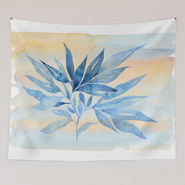 Item preview, Blue Botanical Branch with Soft Peach Watercolour Wash designed and sold by ArithraStudio.