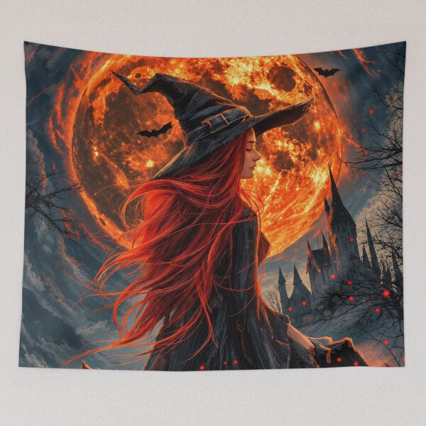Item preview, Gothic Witch Halloween – Red Haired Witch Under a Fiery Blood Moon designed and sold by DrakariArt.